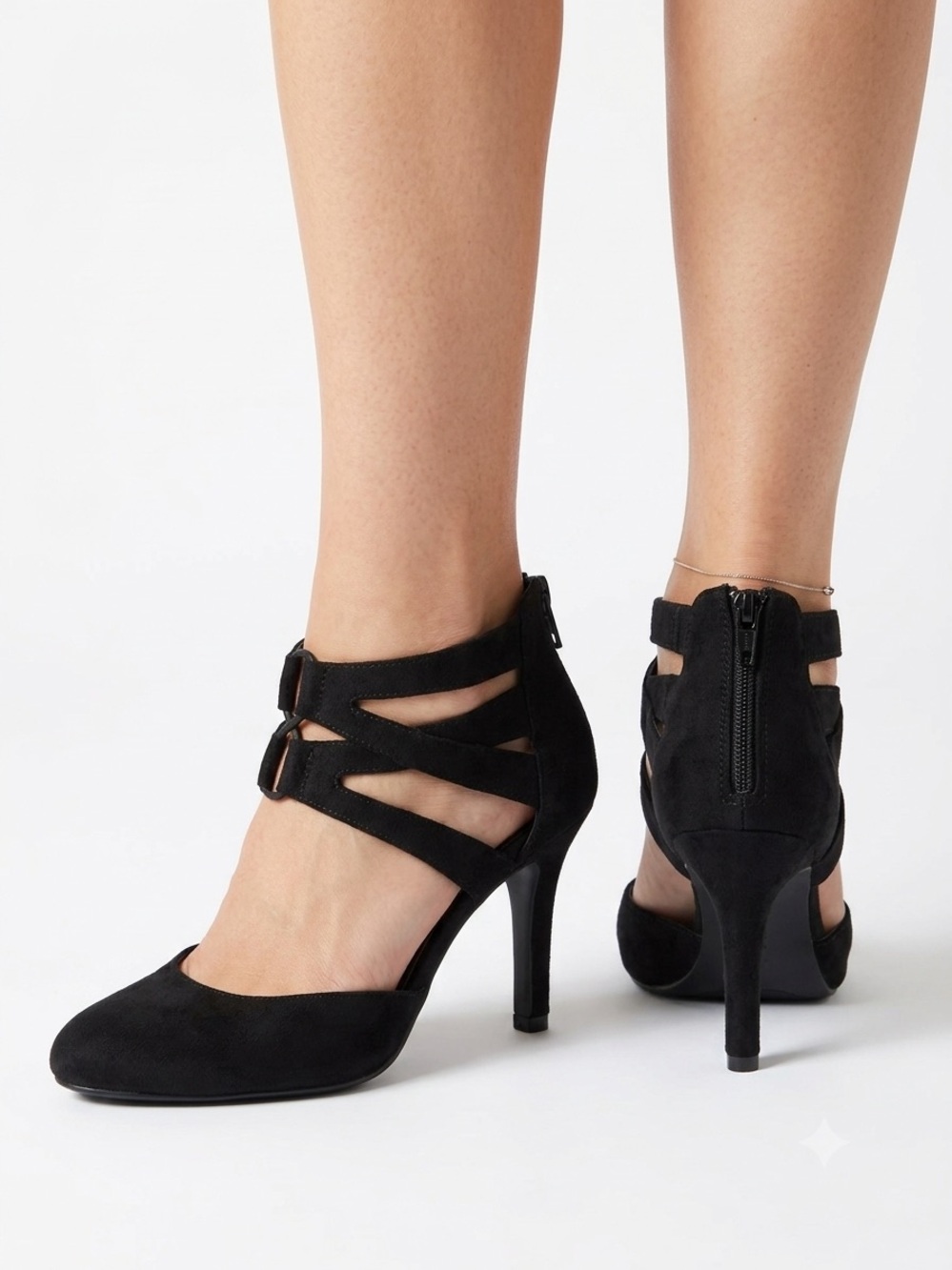 Black Suede Strappy Heels Cutout Stiletto Pumps Women’s Size 6M Event Office